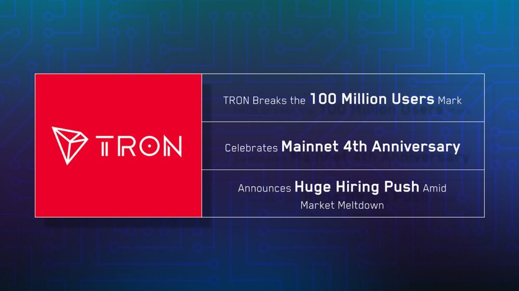 TRON Breaks the 100 Million Users Mark, Celebrates Mainnet 4th Anniversary, and Announces Huge Hiring Push Amid Market Meltdown