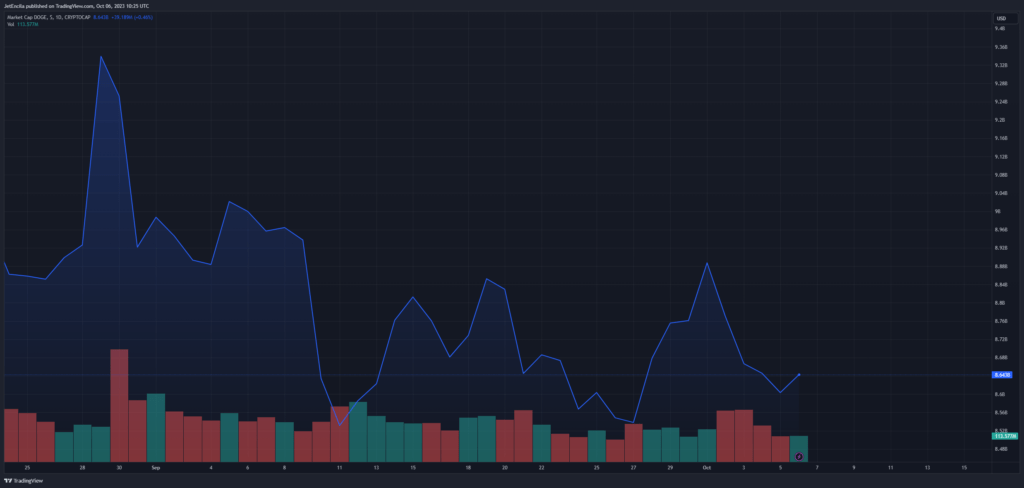 DOGE reached a market cap $8.6 billion. Chart: TradingView.com